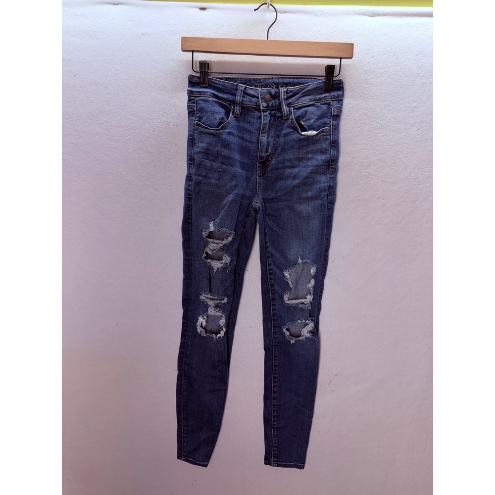 American Eagle Hi-Rise Jegging Women 4 Blue Ripped Distressed Stretch 3552